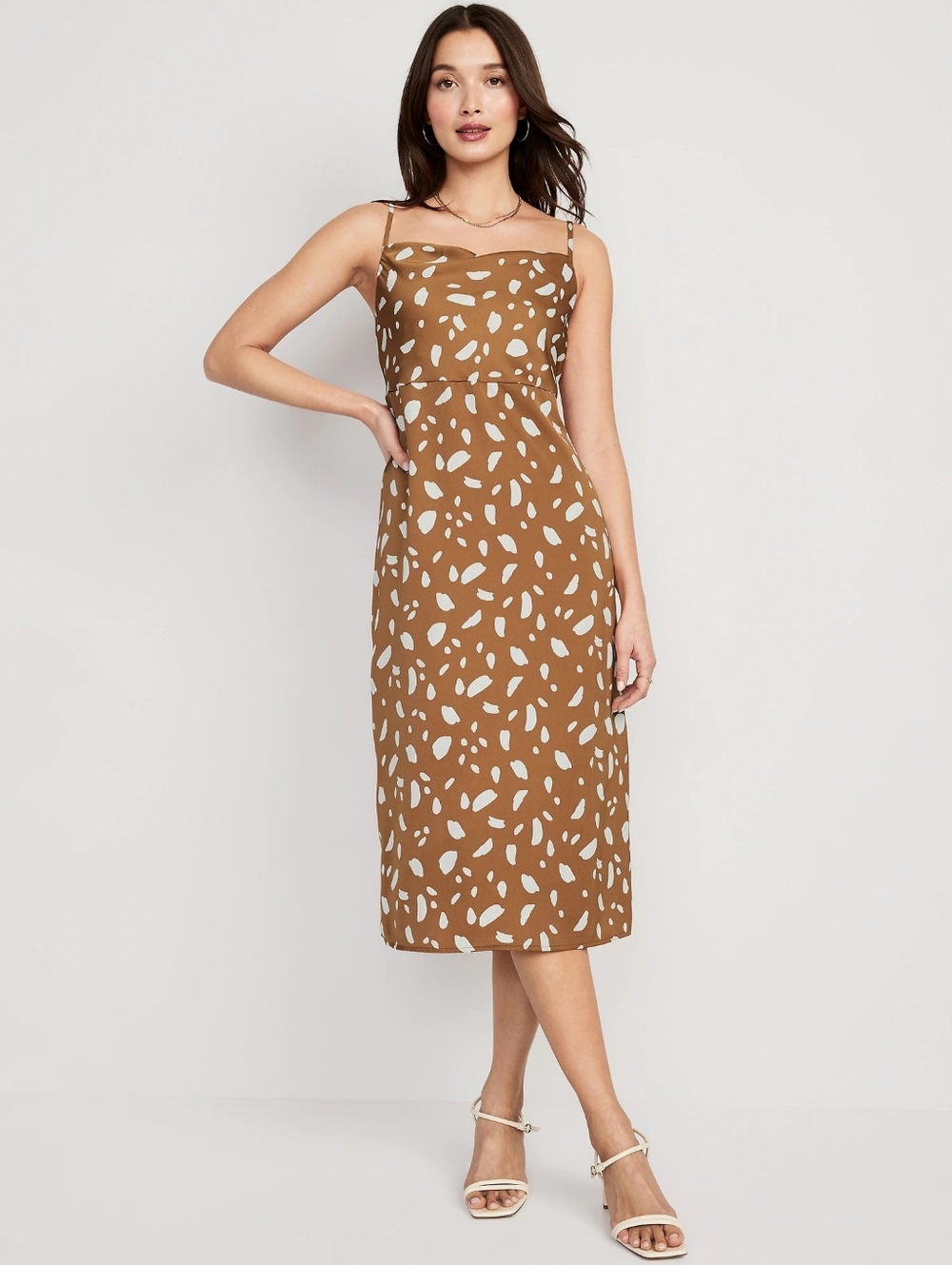 Strap Dress in Camel with White Spot Print